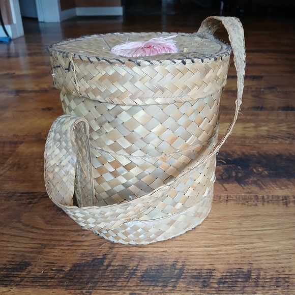 Vintage 1950s Woven Straw Raffia Floral Bucket Bag Purse Beach Picnic Tote MCM - Picture 4 of 14